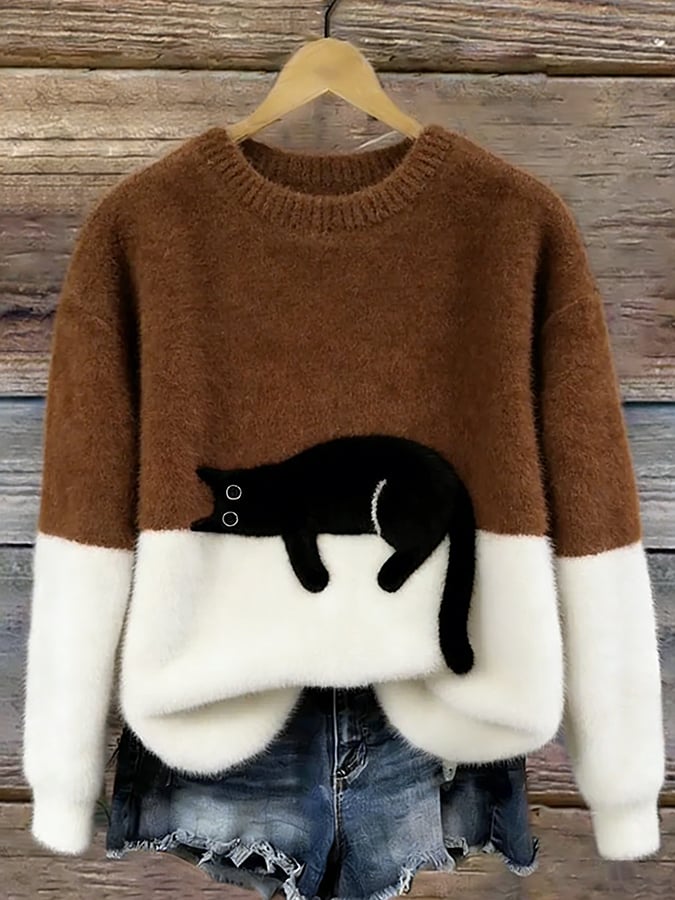 Arlene | Women's Cozy Fuzzy Colour Block Crew Neck Cute Pullover Sweater