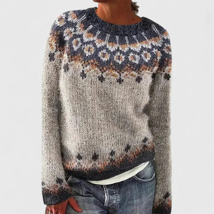 Doris | Women's Fair Isle Crew Neck Long Sleeve Knit Pullover Sweater
