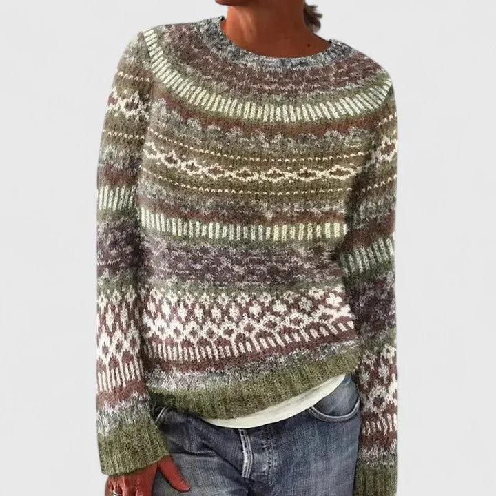 Doris | Women's Fair Isle Crew Neck Long Sleeve Knit Pullover Sweater
