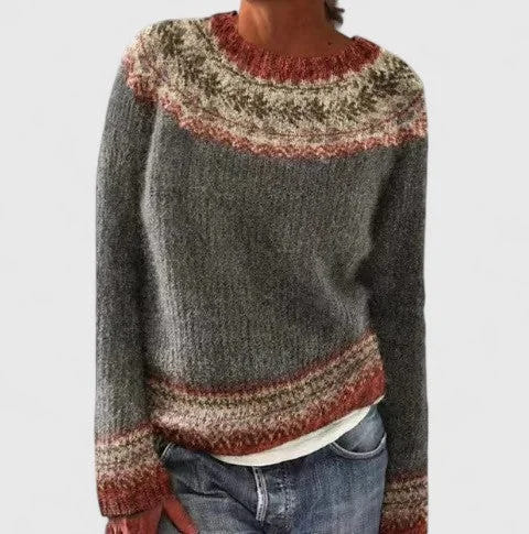 Doris | Women's Fair Isle Crew Neck Long Sleeve Knit Pullover Sweater