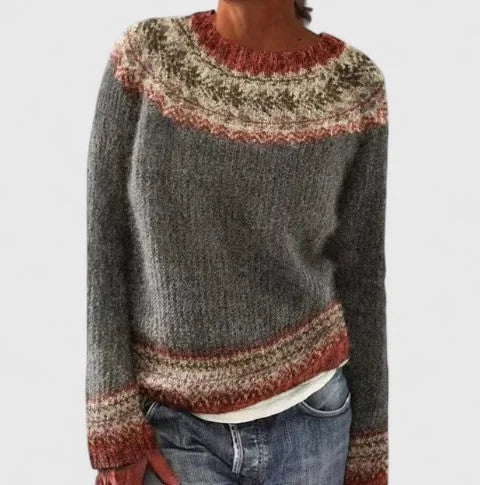 Doris | Women's Fair Isle Crew Neck Long Sleeve Knit Pullover Sweater