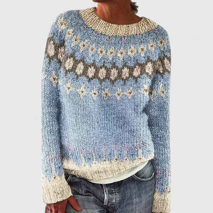 Doris | Women's Fair Isle Crew Neck Long Sleeve Knit Pullover Sweater