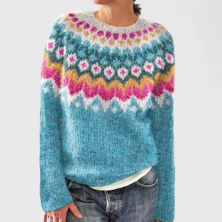 Doris | Women's Fair Isle Crew Neck Long Sleeve Knit Pullover Sweater