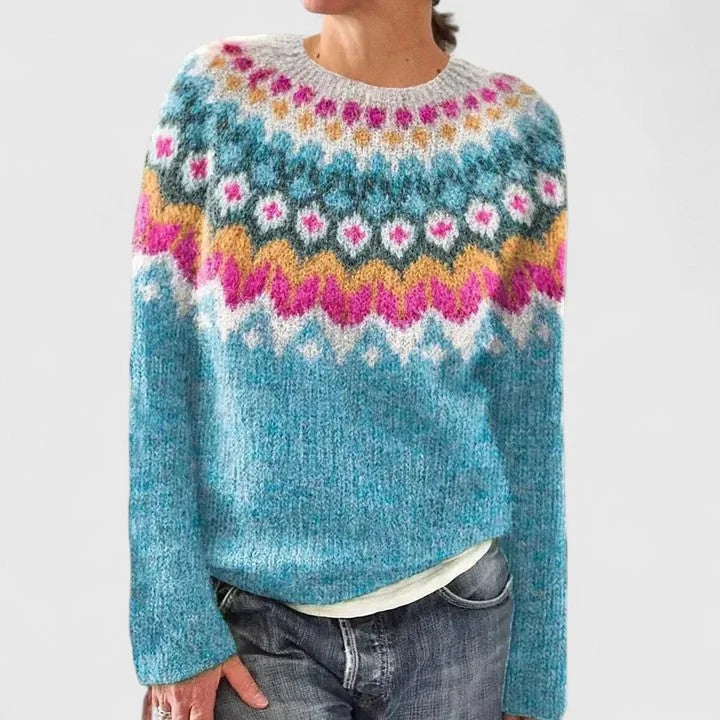 Doris | Women's Fair Isle Crew Neck Long Sleeve Knit Pullover Sweater