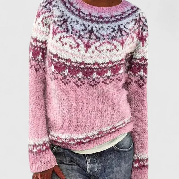Doris | Women's Fair Isle Crew Neck Long Sleeve Knit Pullover Sweater