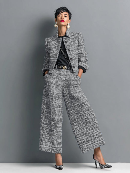 Alessandra | Women's Tweed Cropped Jacket and High Waisted Wide Leg Pants Two-Piece Set