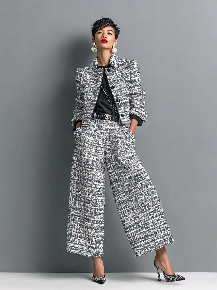 Alessandra | Women's Tweed Cropped Jacket and High Waisted Wide Leg Pants Two-Piece Set