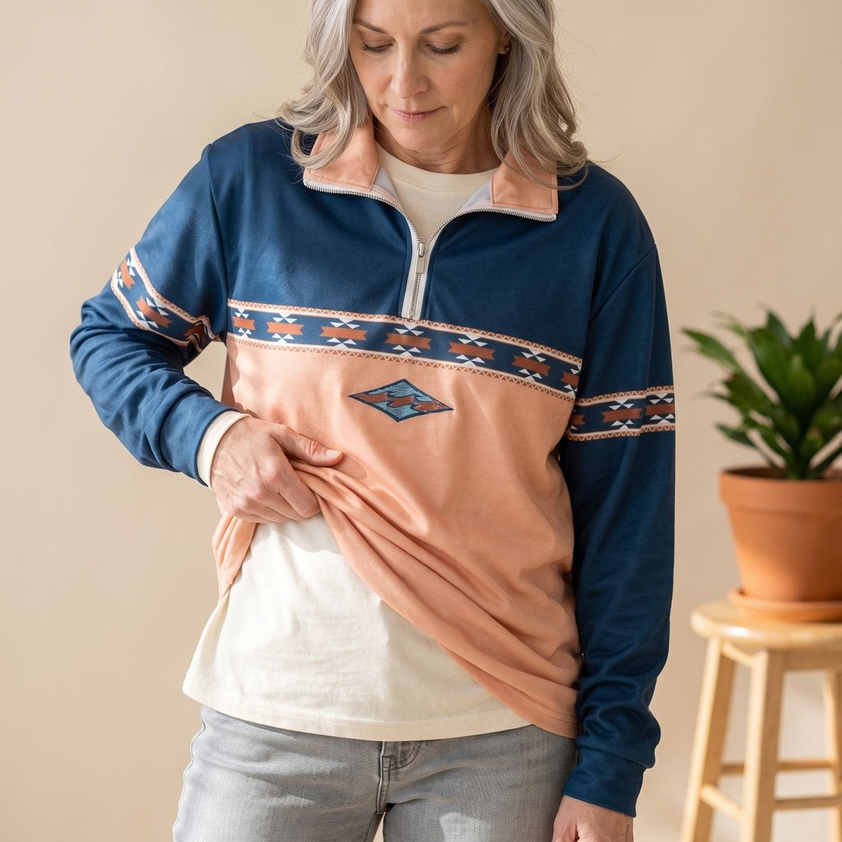 Elmira | Women's Relaxed Geometric Print Collared Half Zip Pullover Sweater