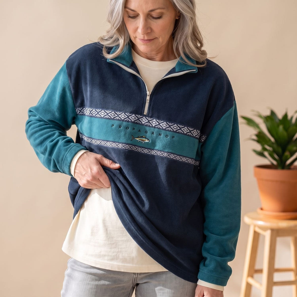 Elmira | Women's Relaxed Geometric Print Collared Half Zip Pullover Sweater
