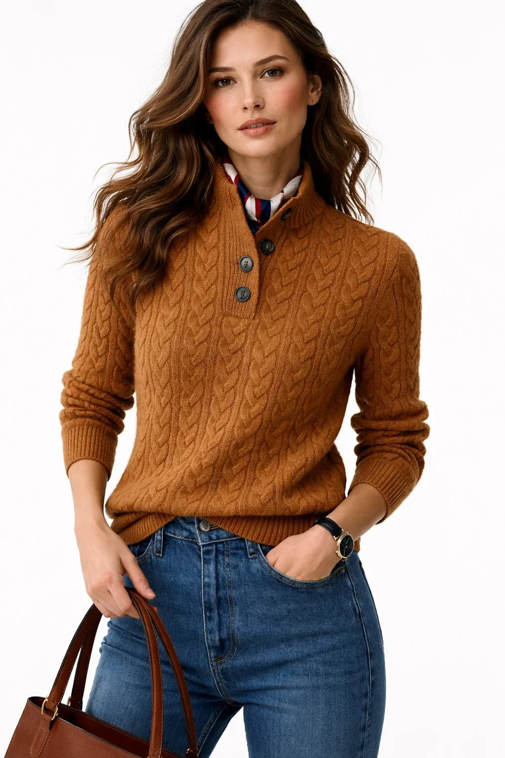 Dominique | Women's Button Mock Neck Cable Knit Pullover Sweater