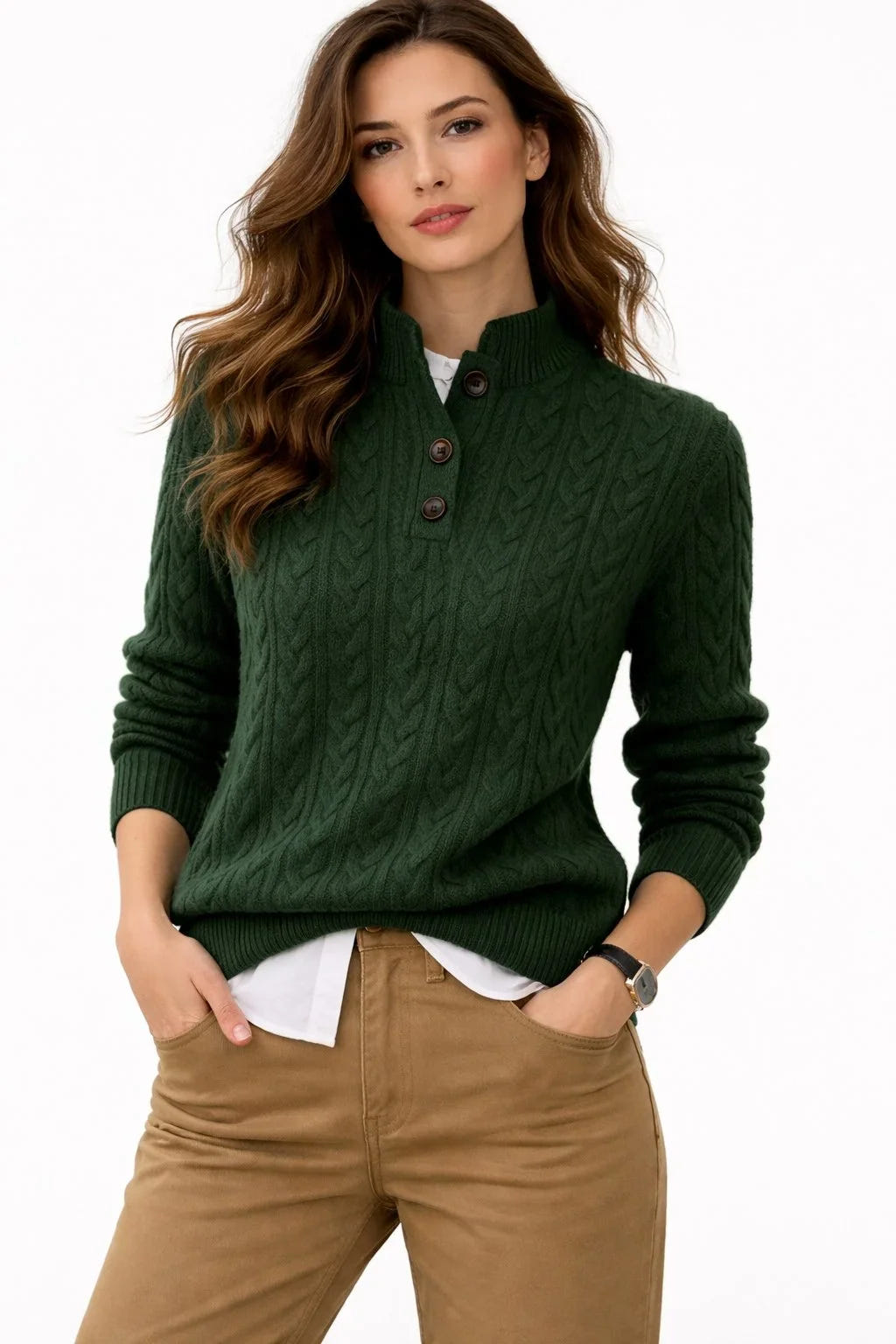 Dominique | Women's Button Mock Neck Cable Knit Pullover Sweater