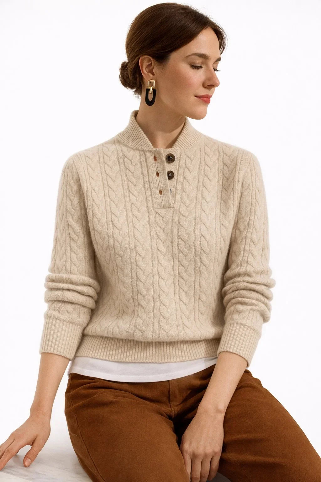 Dominique | Women's Button Mock Neck Cable Knit Pullover Sweater