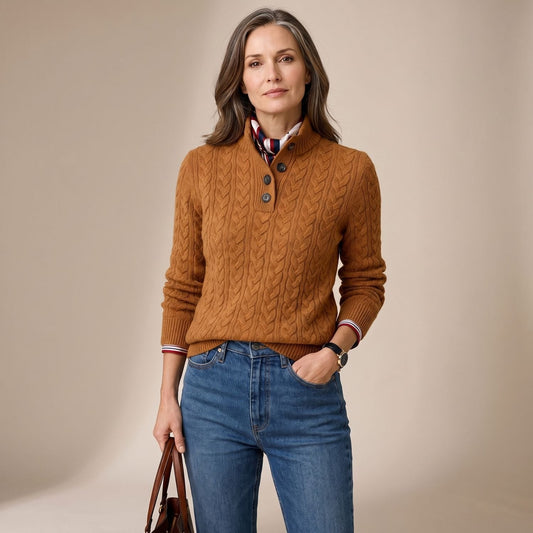 Demeter | Women's Button Placket Mock Neck Cable Knit Pullover Sweater