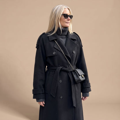 Christina | Women's Black Oversized Double-Breasted Long Trench Coat