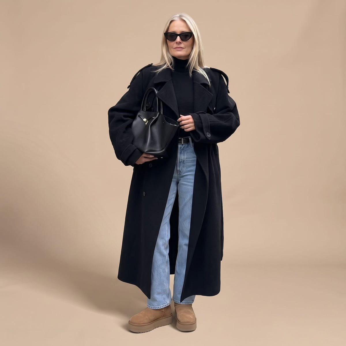 Christina | Women's Black Oversized Double-Breasted Long Trench Coat
