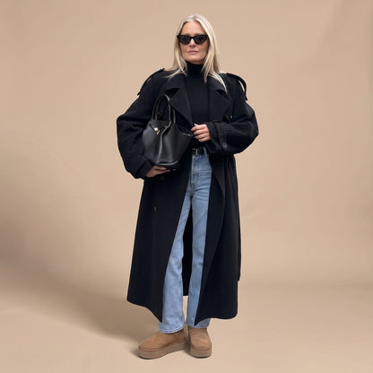 Christina | Women's Black Oversized Double-Breasted Long Trench Coat