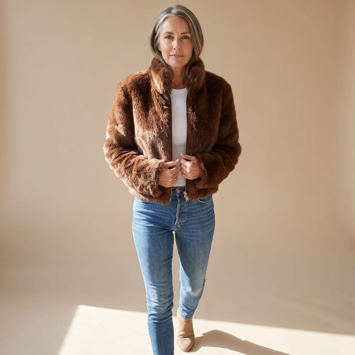 Charlene | Women's Fluffy Zip-Up Stand Collar Cropped Faux Fur Jacket