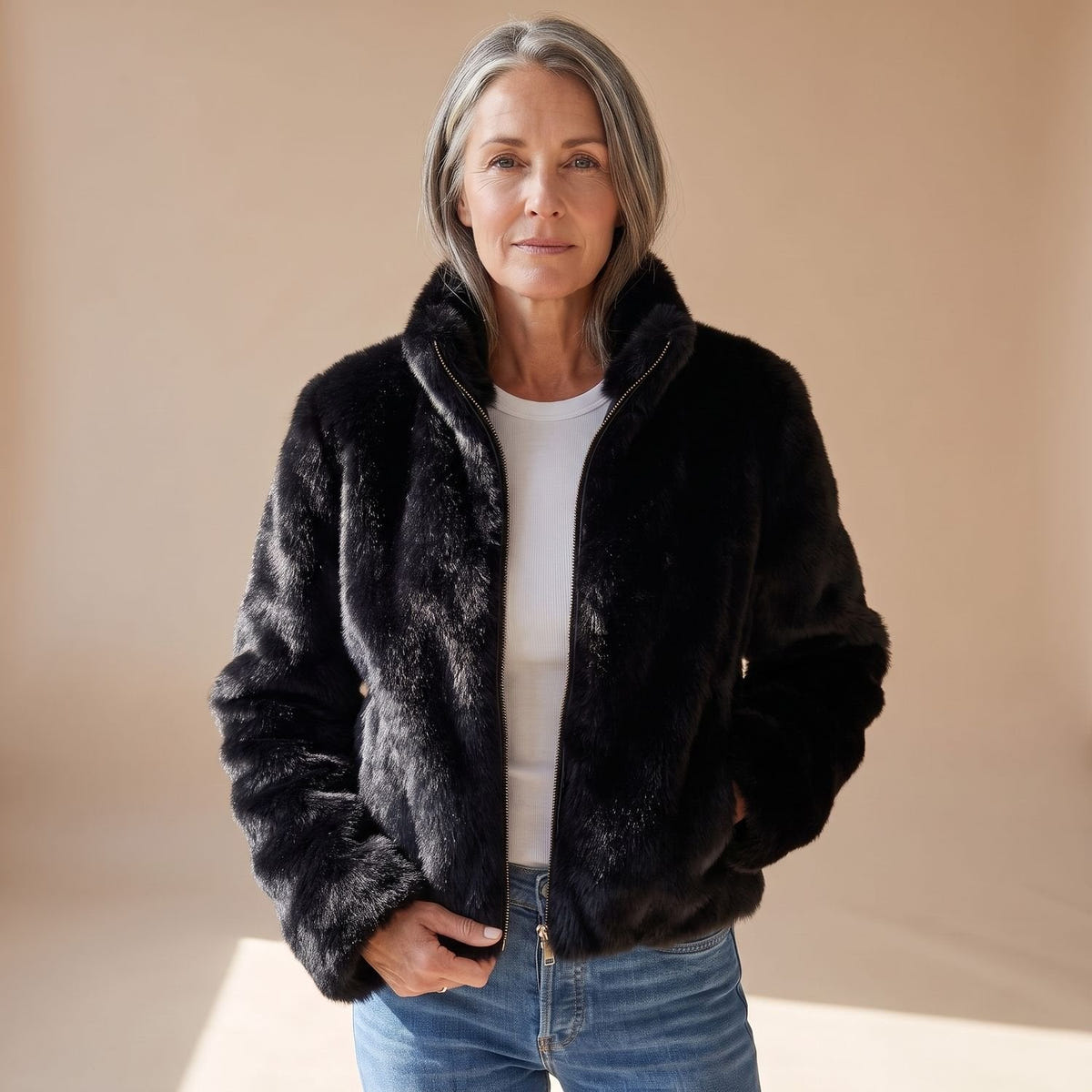 Charlene | Women's Fluffy Zip-Up Stand Collar Cropped Faux Fur Jacket