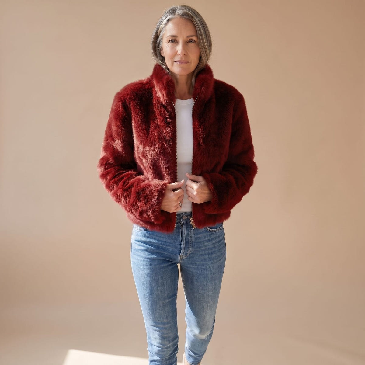 Charlene | Women's Fluffy Zip-Up Stand Collar Cropped Faux Fur Jacket