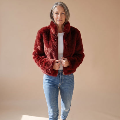 Charlene | Women's Fluffy Zip-Up Stand Collar Cropped Faux Fur Jacket