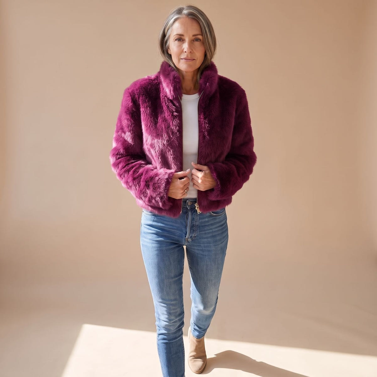 Charlene | Women's Fluffy Zip-Up Stand Collar Cropped Faux Fur Jacket