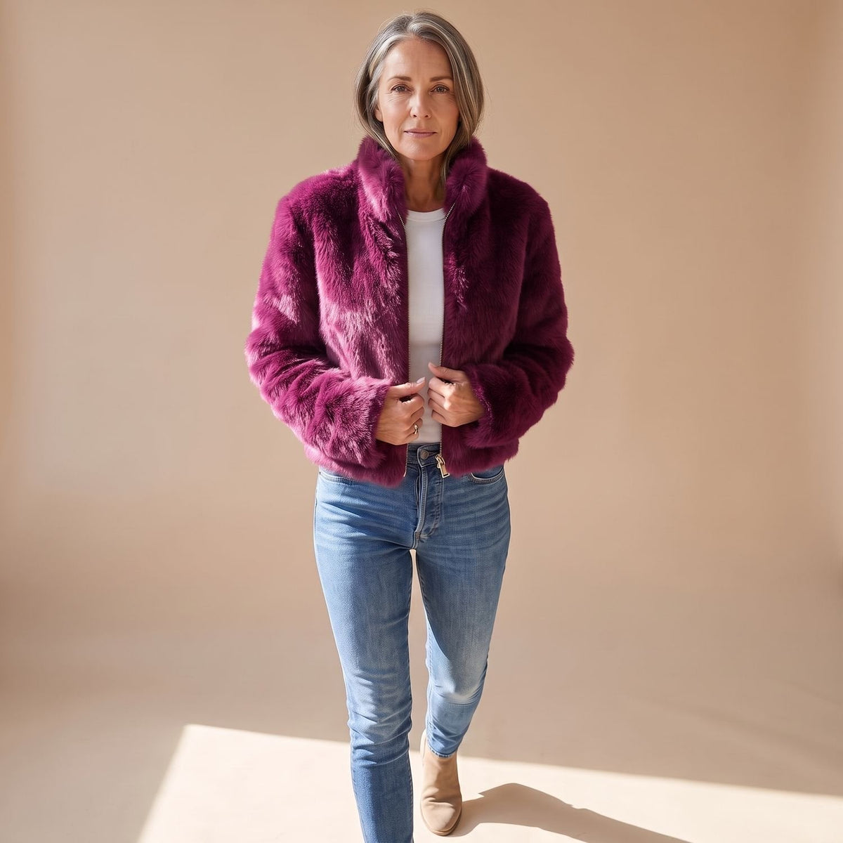 Charlene | Women's Fluffy Zip-Up Stand Collar Cropped Faux Fur Jacket