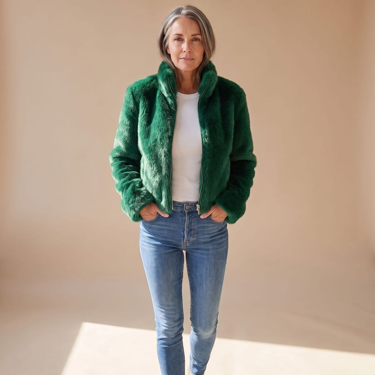 Charlene | Women's Fluffy Zip-Up Stand Collar Cropped Faux Fur Jacket
