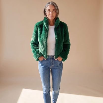 Charlene | Women's Fluffy Zip-Up Stand Collar Cropped Faux Fur Jacket