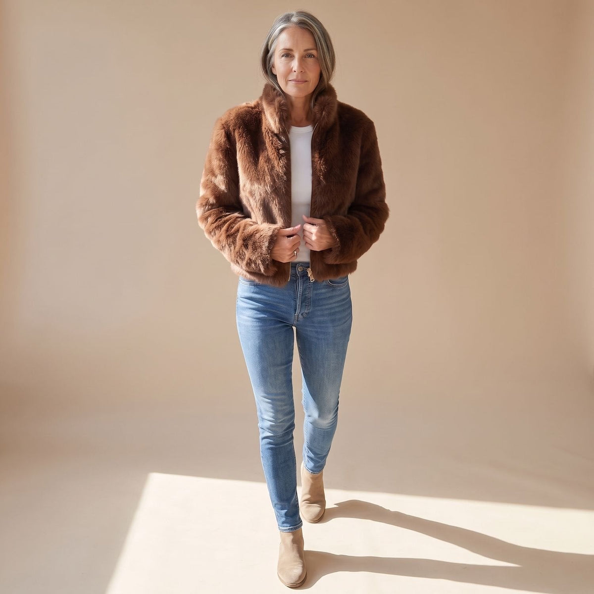 Charlene | Women's Fluffy Zip-Up Stand Collar Cropped Faux Fur Jacket