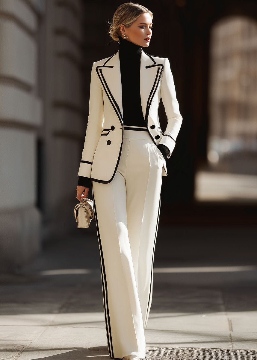 Chloe | Women's Double-Breasted Contrast Trim Wide Leg Suit Set