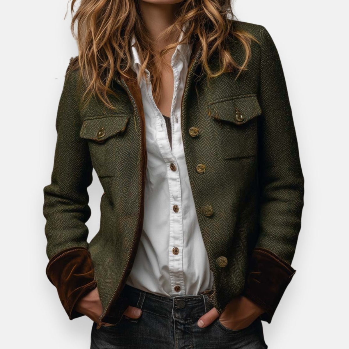 Alicia | Women's Army Green Herringbone Military Tweed Jacket