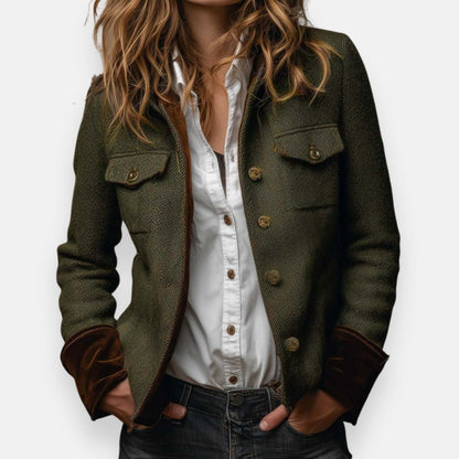 Alicia | Women's Army Green Herringbone Military Tweed Jacket
