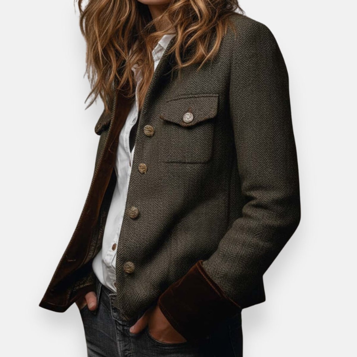 Alicia | Women's Army Green Herringbone Military Tweed Jacket