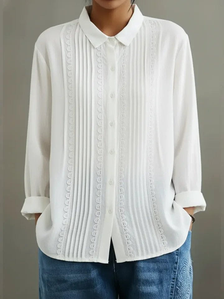 Clara | Women's Lace Trim Button-Up Pleated Front Long Sleeve Blouse