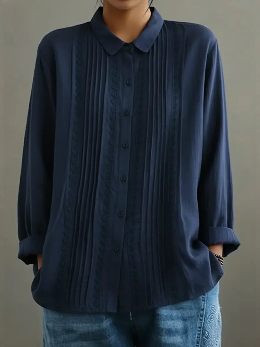 Clara | Women's Lace Trim Button-Up Pleated Front Long Sleeve Blouse