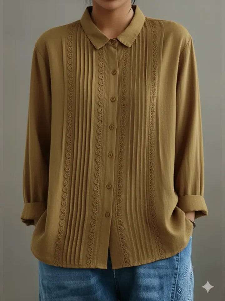 Clara | Women's Lace Trim Button-Up Pleated Front Long Sleeve Blouse