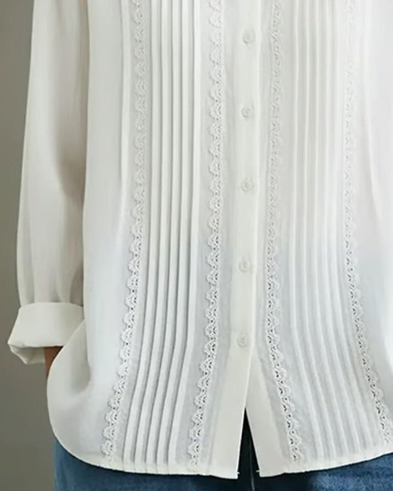 Clara | Women's Lace Trim Button-Up Pleated Front Long Sleeve Blouse