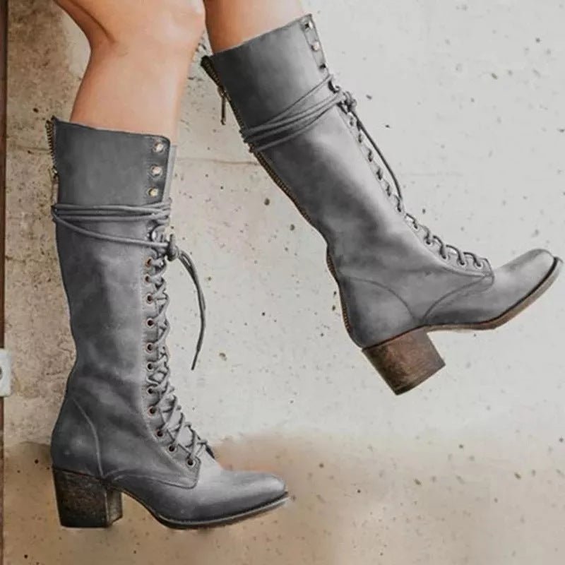 Delaney | Women's Lace-Up Round Toe Block Heel Knee-High Boot