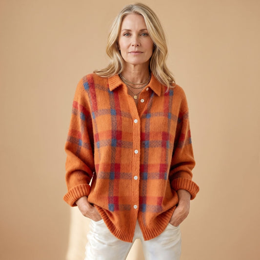 Corinth | Women's Oversized Plaid Collared Button Up Knit Cardigan Sweater