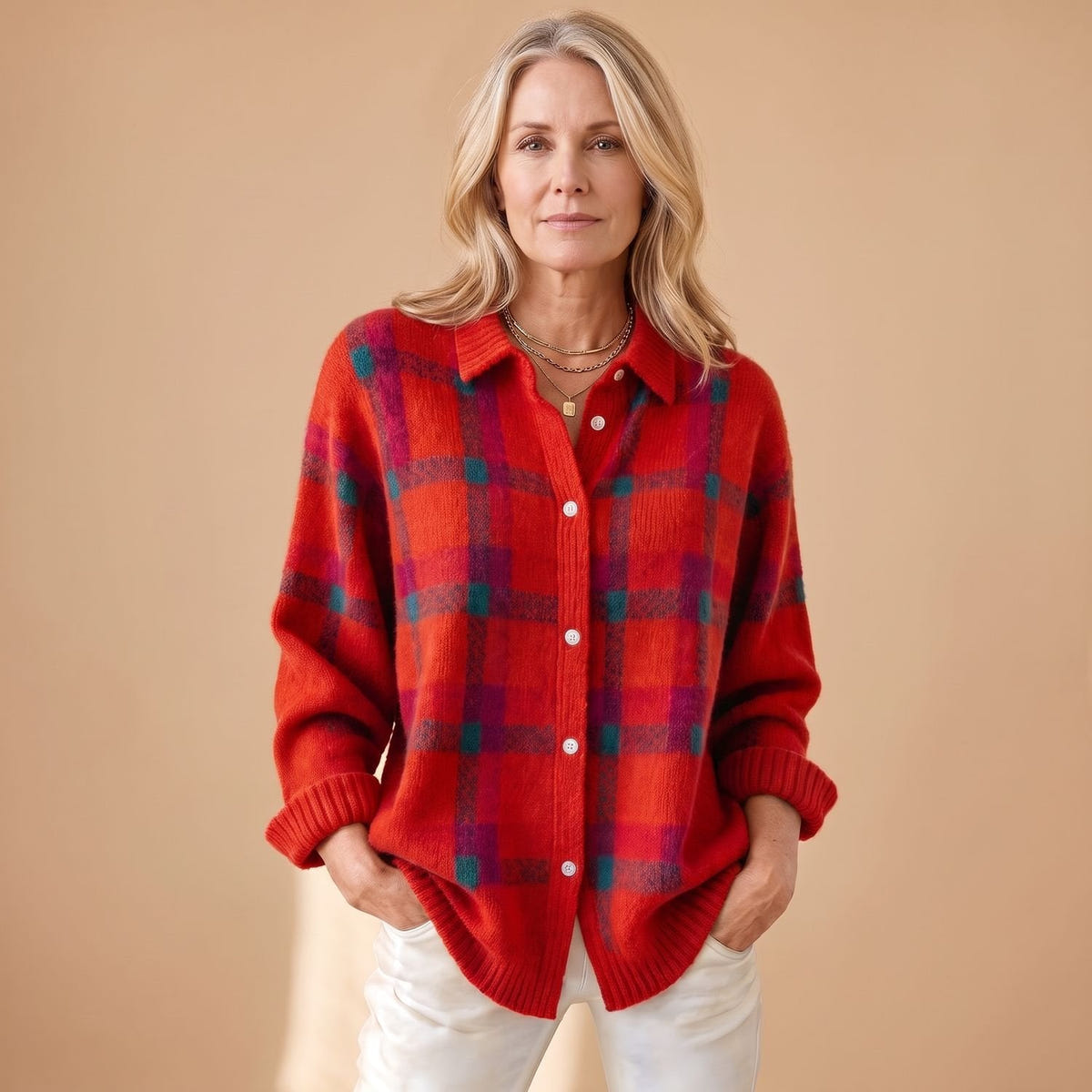 Corinth | Women's Oversized Plaid Collared Button Up Knit Cardigan Sweater