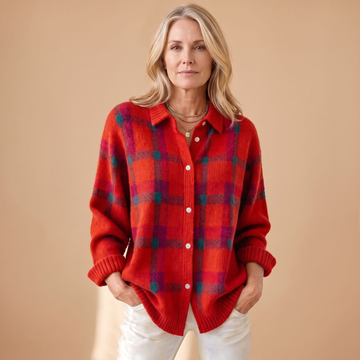 Corinth | Women's Oversized Plaid Collared Button Up Knit Cardigan Sweater