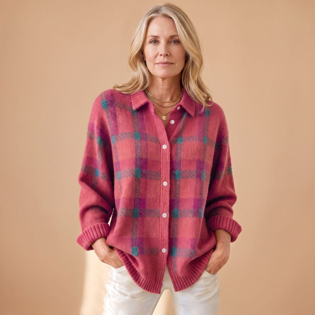 Corinth | Women's Oversized Plaid Collared Button Up Knit Cardigan Sweater