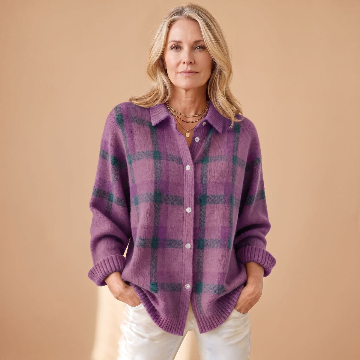 Corinth | Women's Oversized Plaid Collared Button Up Knit Cardigan Sweater