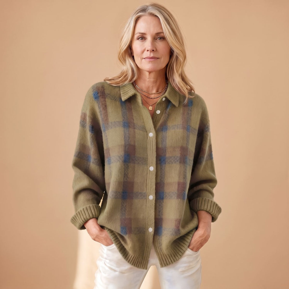 Corinth | Women's Oversized Plaid Collared Button Up Knit Cardigan Sweater