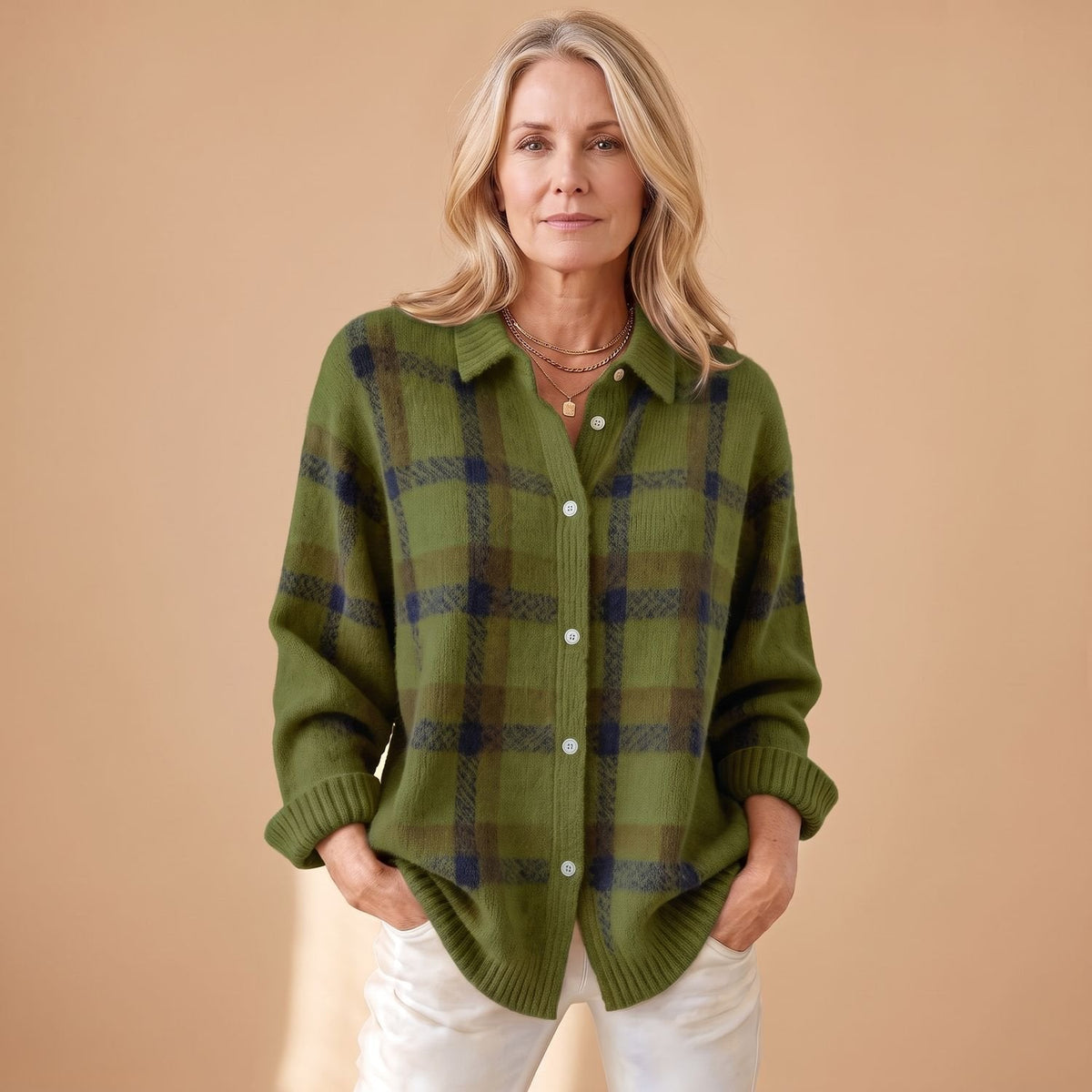 Corinth | Women's Oversized Plaid Collared Button Up Knit Cardigan Sweater