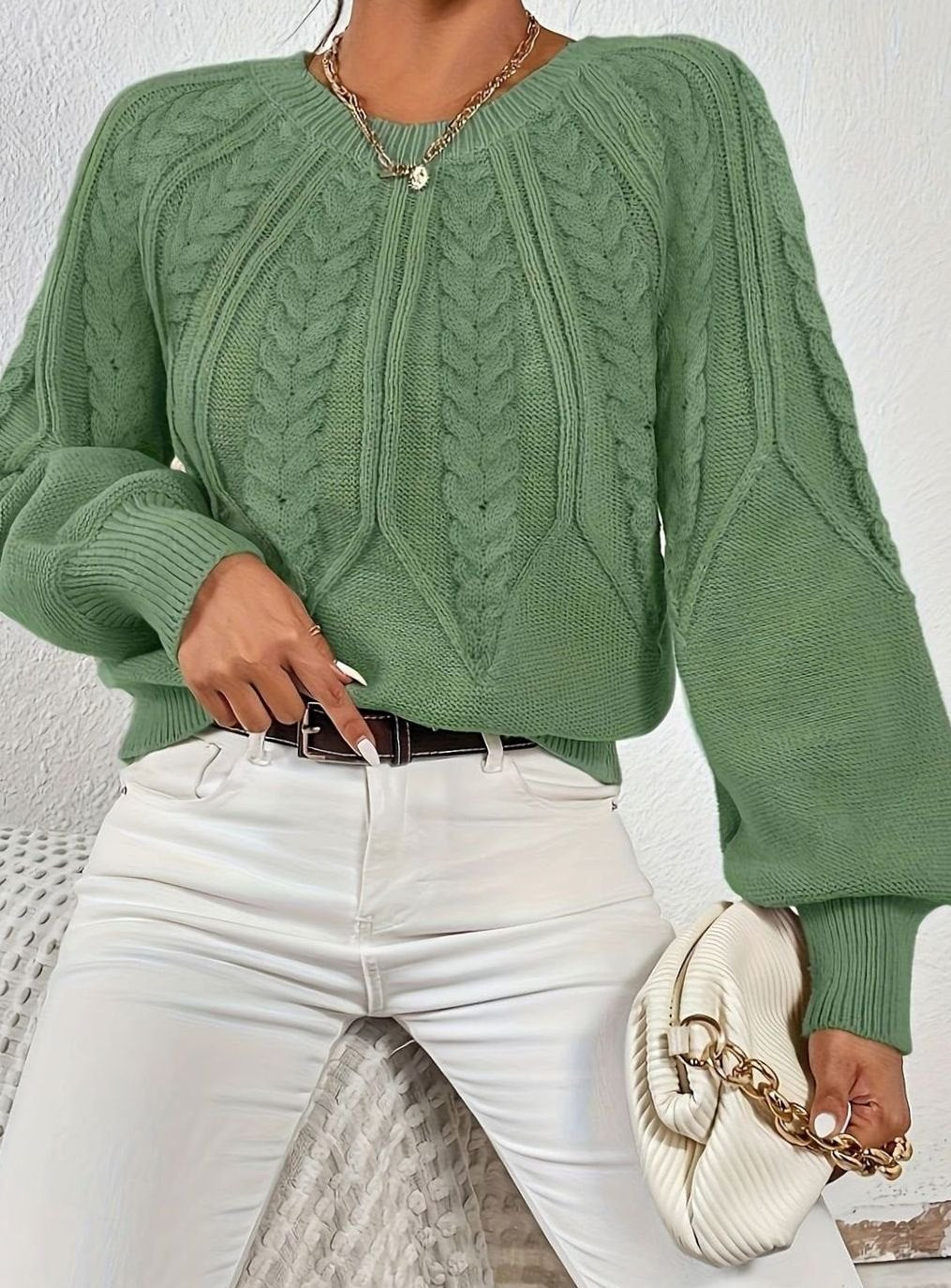 Sophia | Women's Relaxed Lantern Sleeve Cable Knit Pullover Sweater
