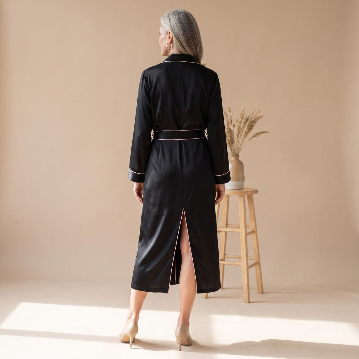 Catalina | Women's Satin Long Sleeve Shawl Collar Contrast Piping Belted Robe