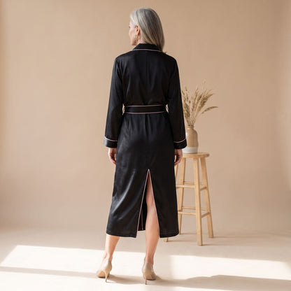 Catalina | Women's Satin Long Sleeve Shawl Collar Contrast Piping Belted Robe