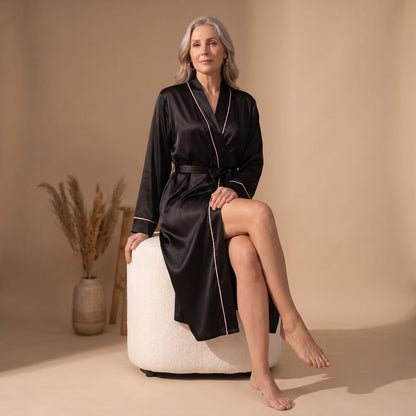 Catalina | Women's Satin Long Sleeve Shawl Collar Contrast Piping Belted Robe