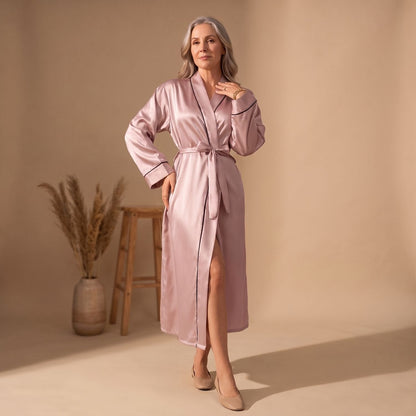 Catalina | Women's Satin Long Sleeve Shawl Collar Contrast Piping Belted Robe